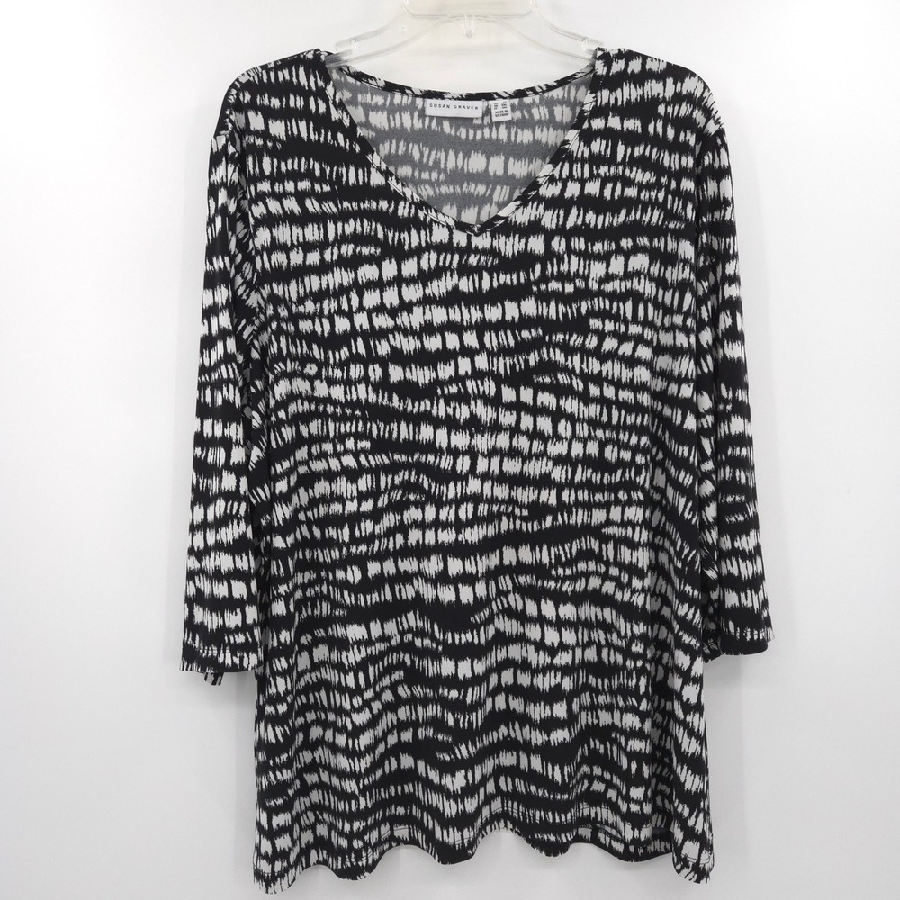 Susan Graver V-Neck‎ Top Women 2X Black White Abstract 3/4 Sleeve Liquid Knit